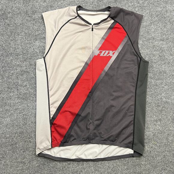 Fox Racing Men's Cycling Jersey Full Zip Back Pockets Gray Red Sleeveless Tank - Picture 1 of 8